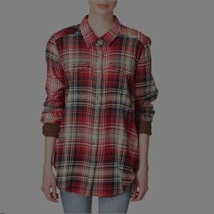 KAVU BILLY JEAN Flannel Plaid Shirt with Corduroy Elbow Patches